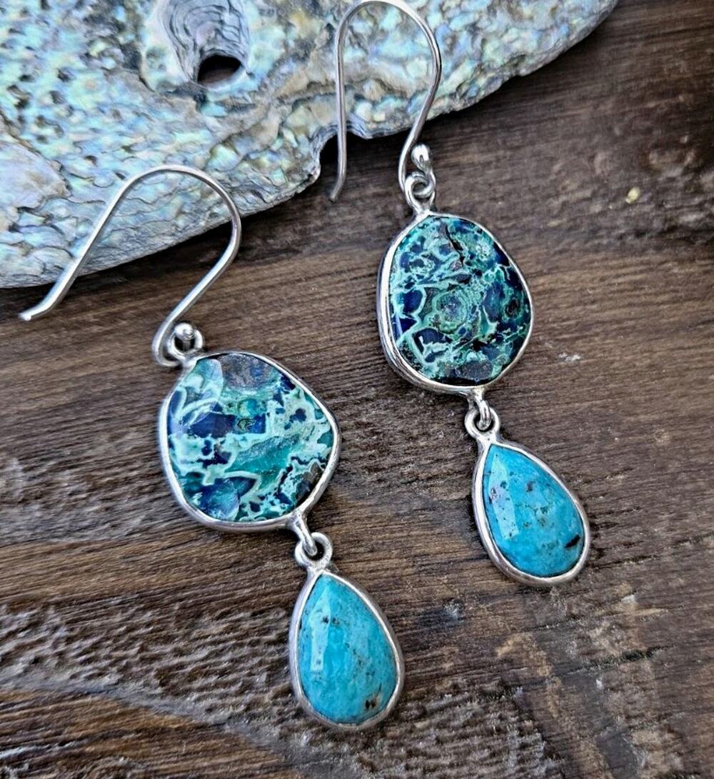 Southwestern Style Turquoise Chrysocolla Tiered Drop Dangle Silver Earrings 2"